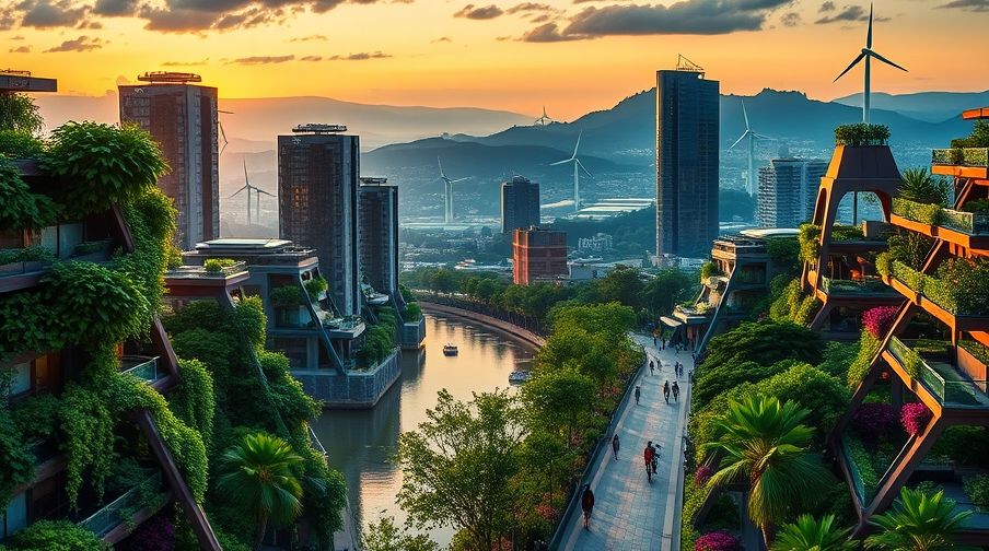 A breathtaking panoramic shot of a utopian eco-city showcasing green technology integration