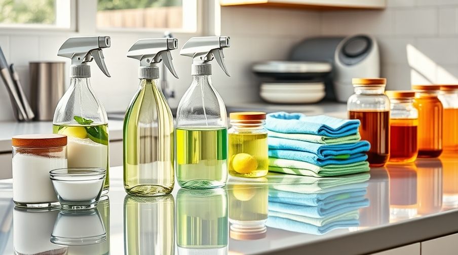 A collection of eco-friendly green cleaning products and DIY supplies on a kitchen counter.