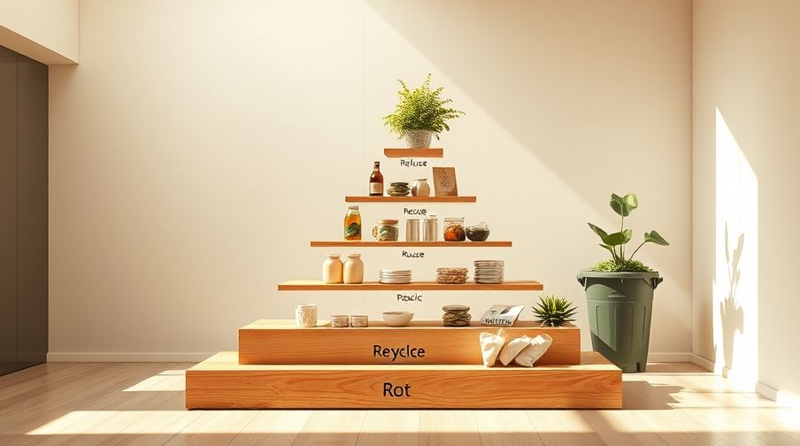 Infographic illustrating sustainable living tips through the waste hierarchy.