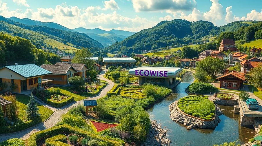 A panoramic scene depicting a sustainable future with effective green technology
