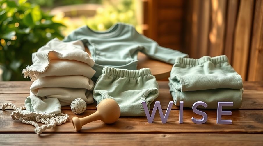 Eco-friendly baby essentials like wooden toys and organic cloths, highlighting eco baby products