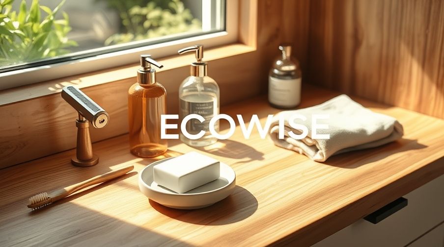 A collection of zero waste personal care products on a sunlit bathroom counter.