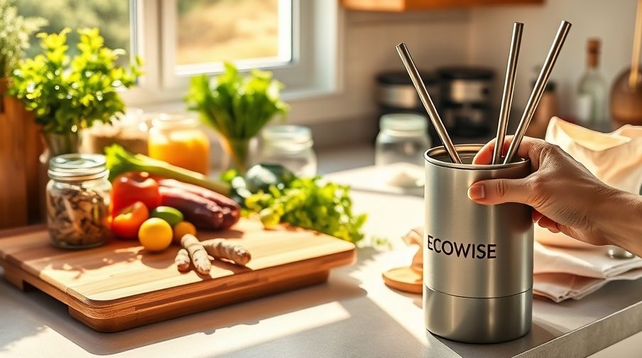 A sun-drenched modern kitchen counter with a curated collection of Zero Waste Kitchen Essentials.