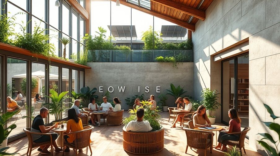 A modern community hub showcasing the Benefits of Sustainable Living through biophilic design and green spaces.