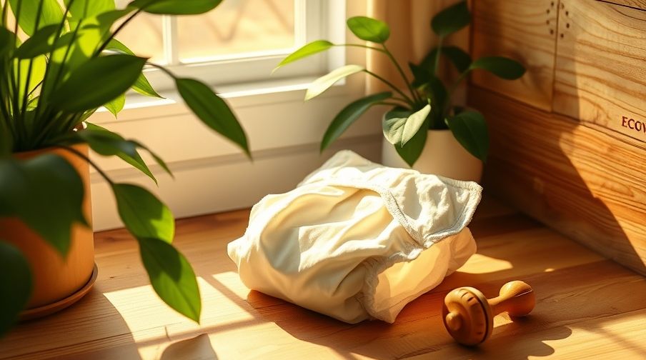 A stack of clean biodegradable diapers in a sunlit nursery.