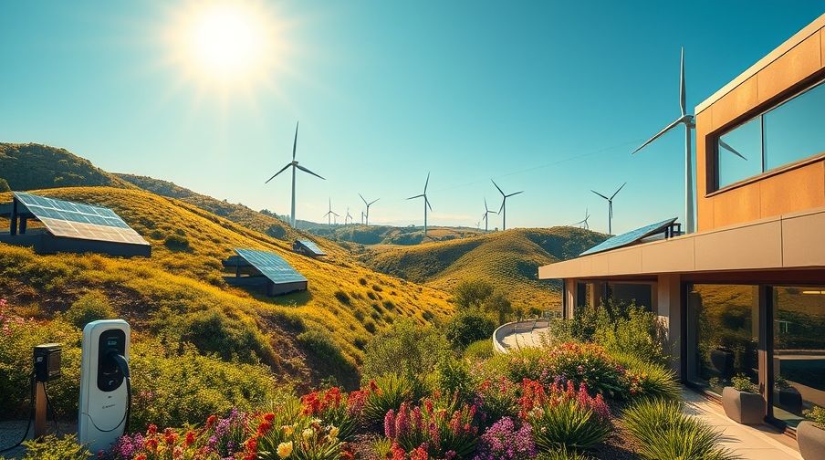 A sun-drenched landscape with innovative green technology like solar panels and wind turbines