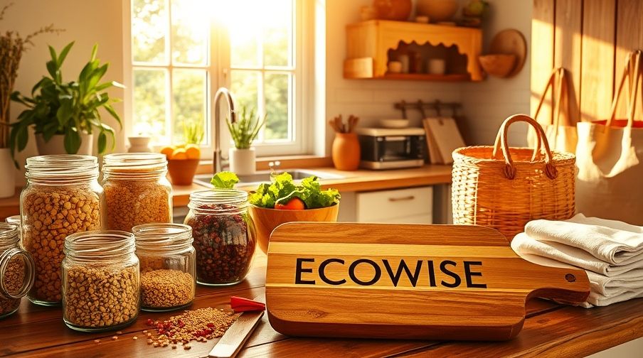 A sun-drenched kitchen with wooden counters and various Zero Waste Kitchen Essentials.