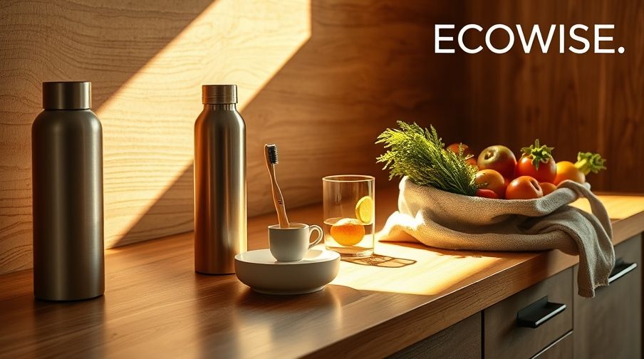 A collection of items for 15 Easy Eco Swaps displayed on a kitchen counter.