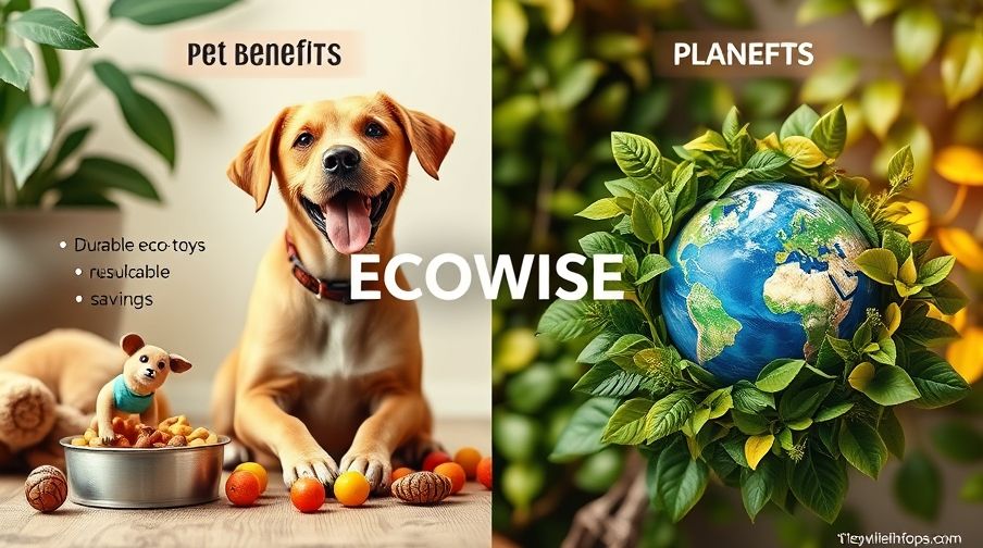 A flat lay of various eco pet care products like bamboo brushes and natural treats.
